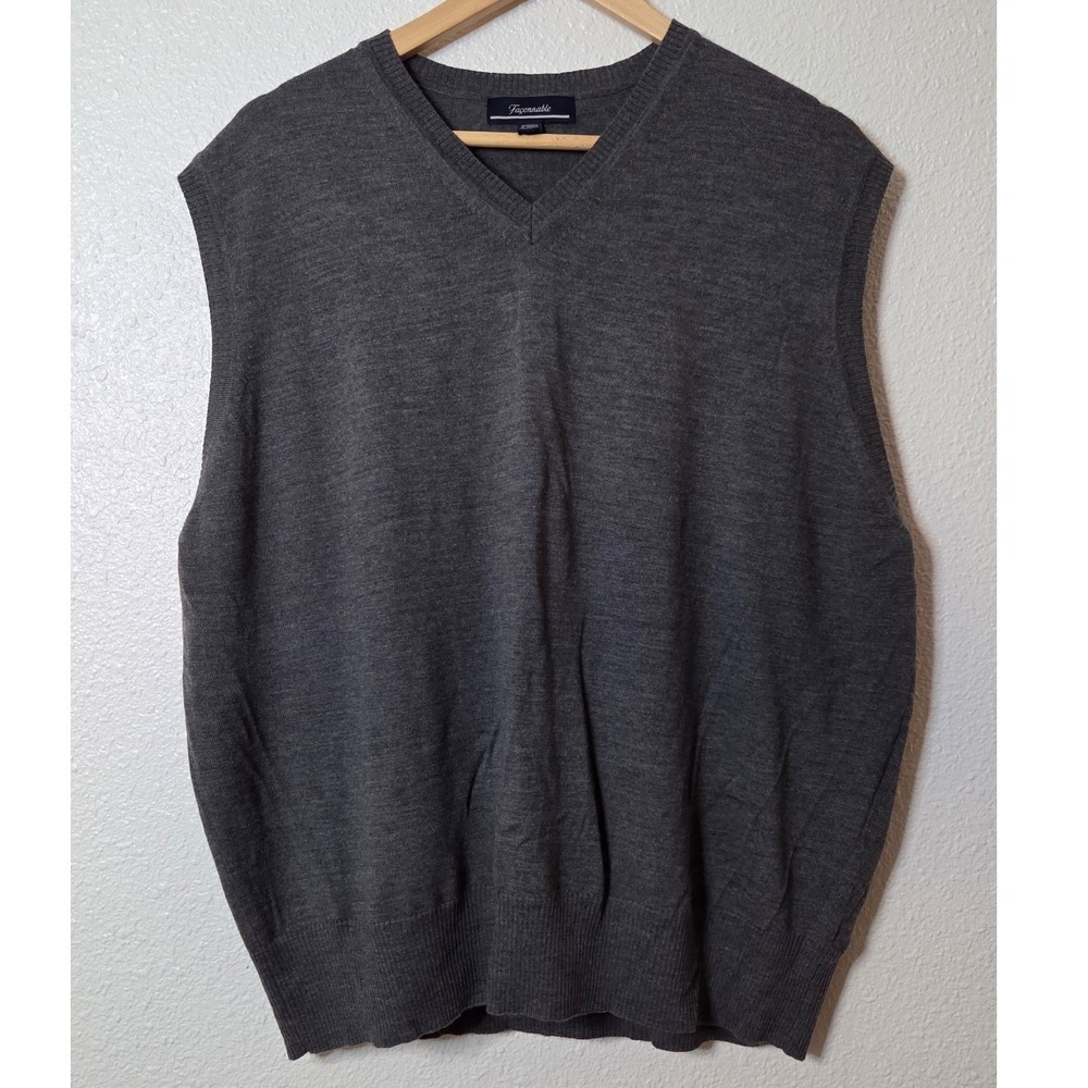 Façonnable 100% Merino Wool Sweater Vest XXL Gray V Neck Oversized Dark Academia